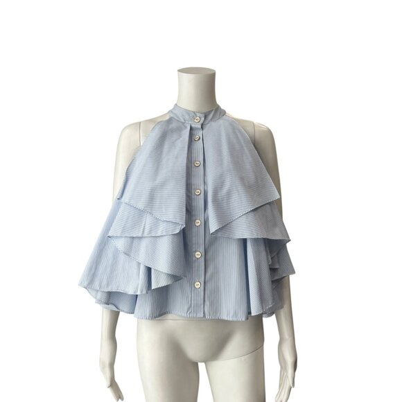 $395 Caroline Constas Blue White Pinstripe Adrie Poplin Pleated Blouse size XS - Picture 2 of 11